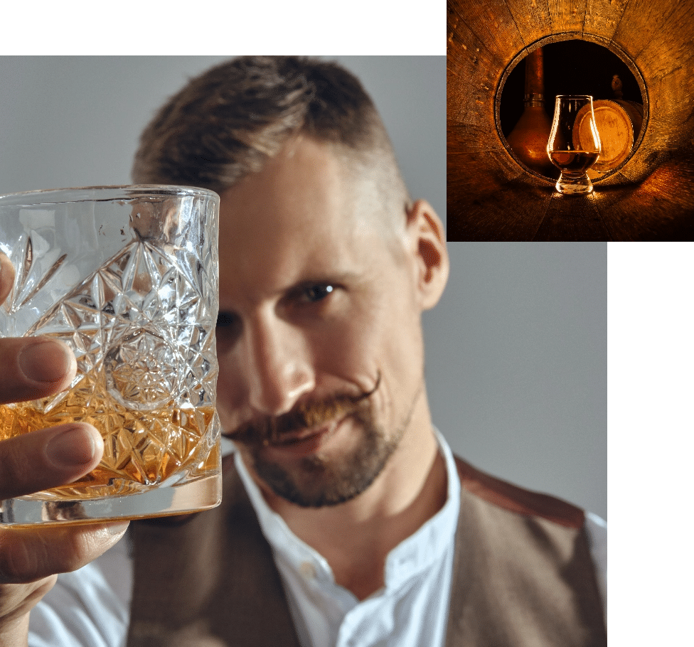 Man with styled beard and glass of bourbon